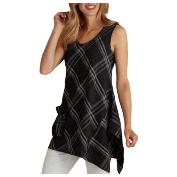 Soft Surroundings Women's Black/Grey Plaid Handkerchief Hem Tunic, Size Medium - Picture 1 of 9
